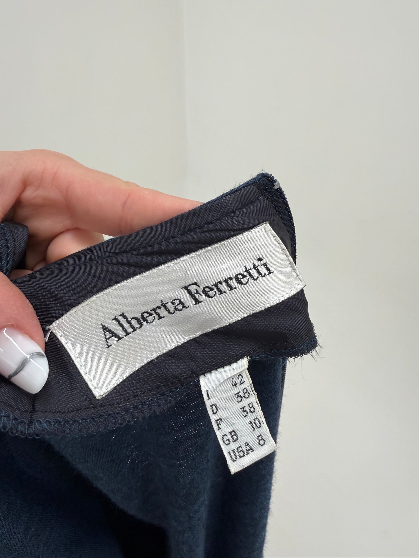 Rochie luxury Alberta Feretti business cu talie ultra marcată și pense jeans blue