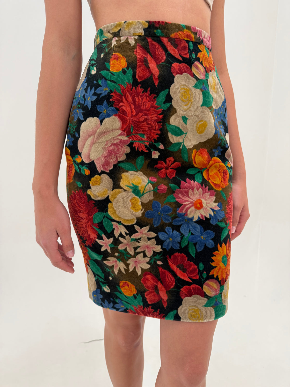 Fustă Valentino vintage creion din catifea de bumbac cu print floral superb