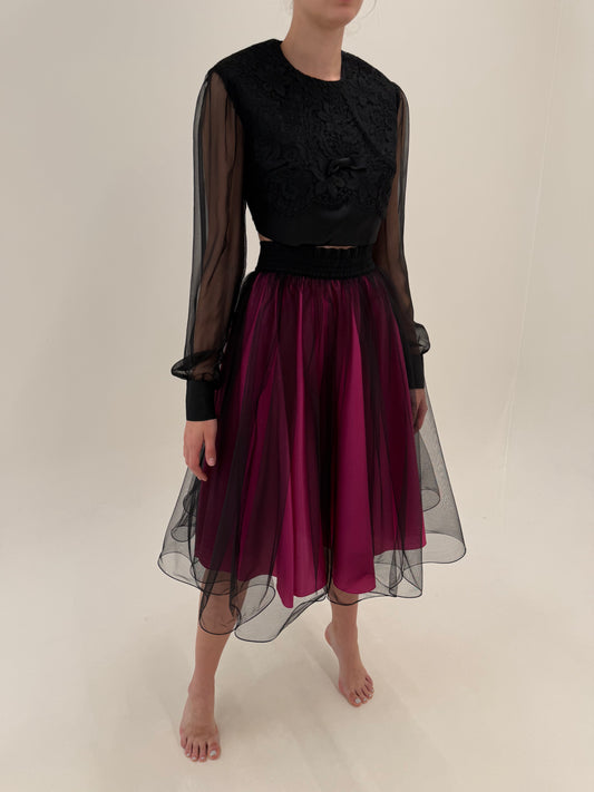 Fustă vintage de seară spectaculoasă cu interior fucsia și exterior din tulle moale