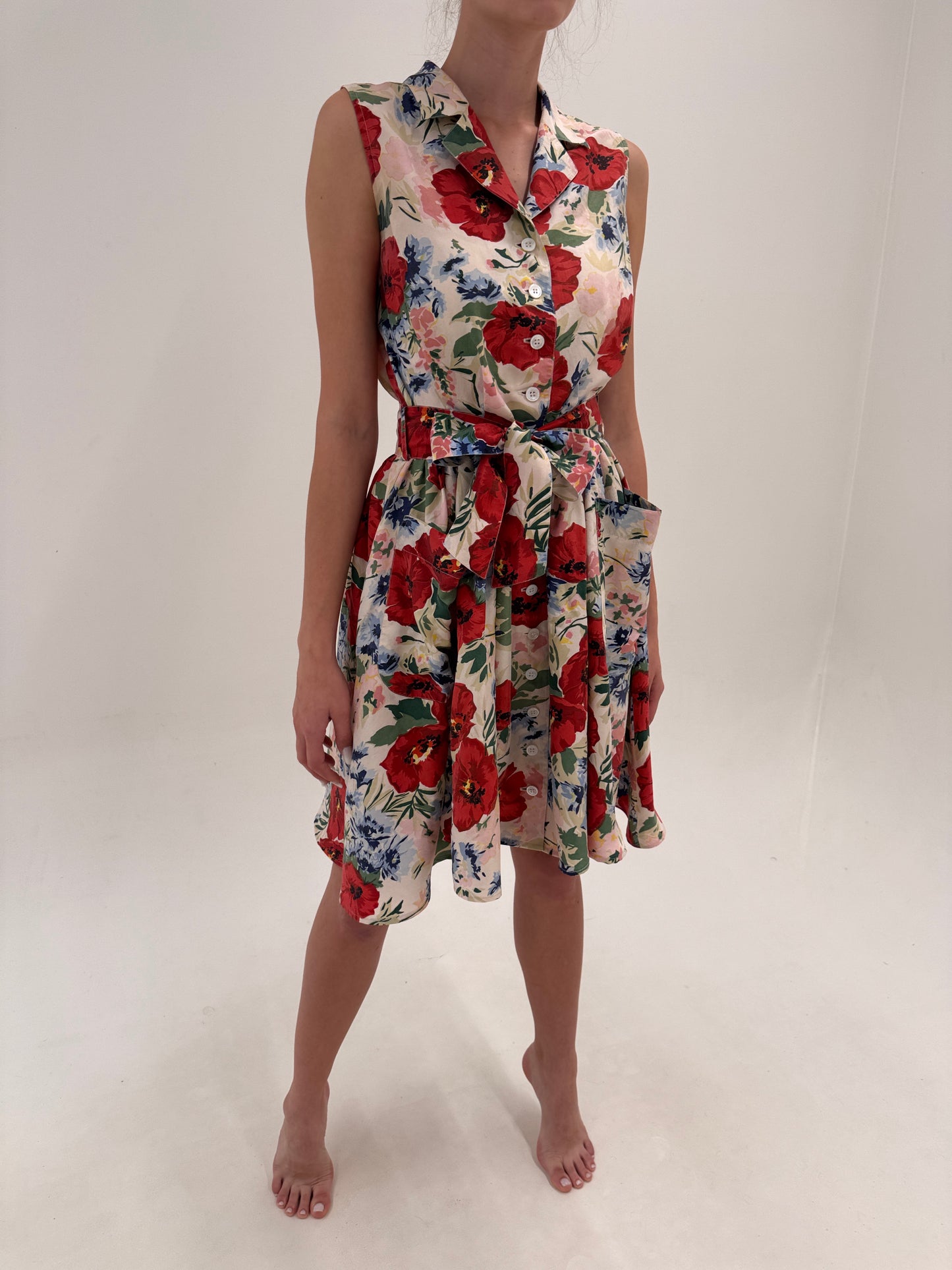 Rochie vintage din mătase naturală cu talie ultra înaltă reglabilă și print floral superb