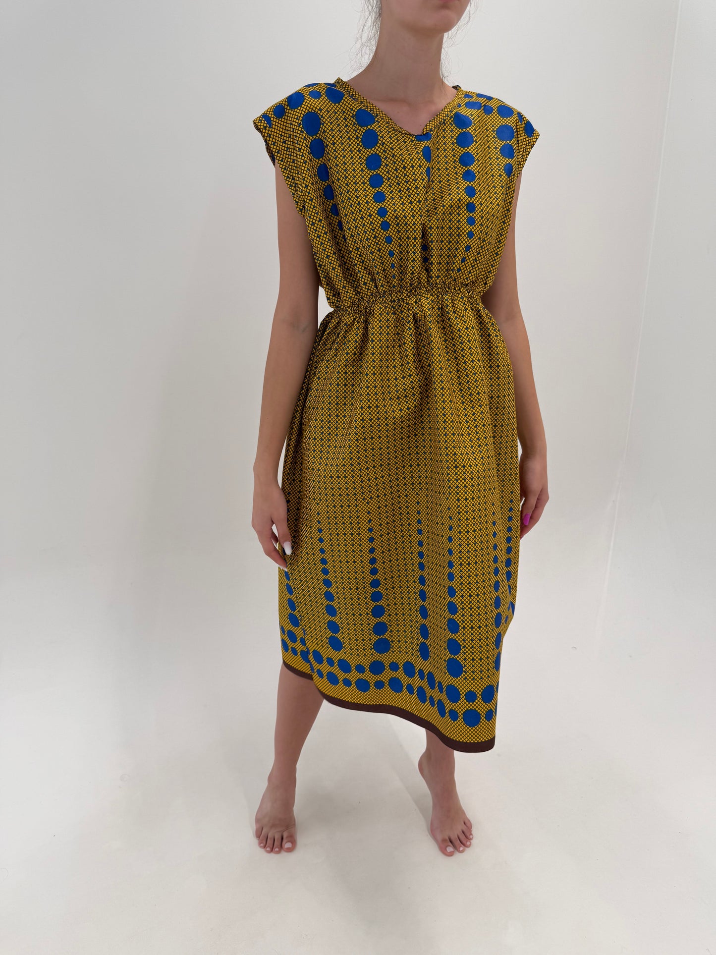 Rochie chartreuse din canvas fin de bumbac structurat cu print manual albastru regal