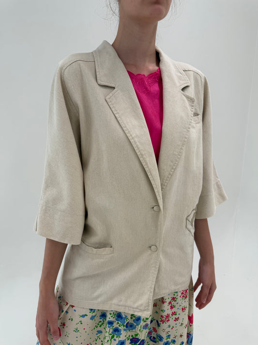 Jacheta vintage camel din pânză de in cu aplicații și broderie în croi retro modern