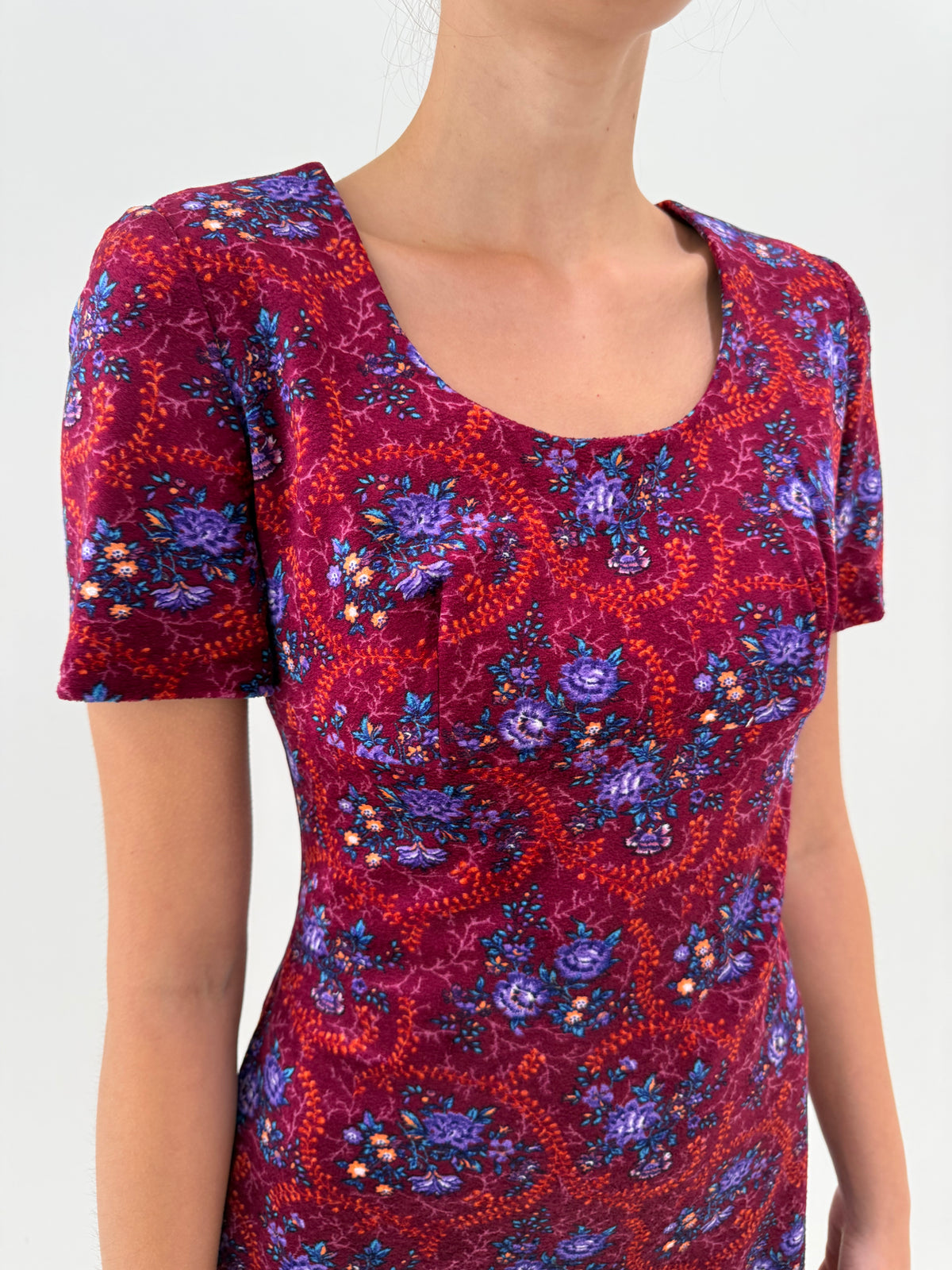 Rochie vintage din catifea excepțională de bumbac burgundy cu print superb