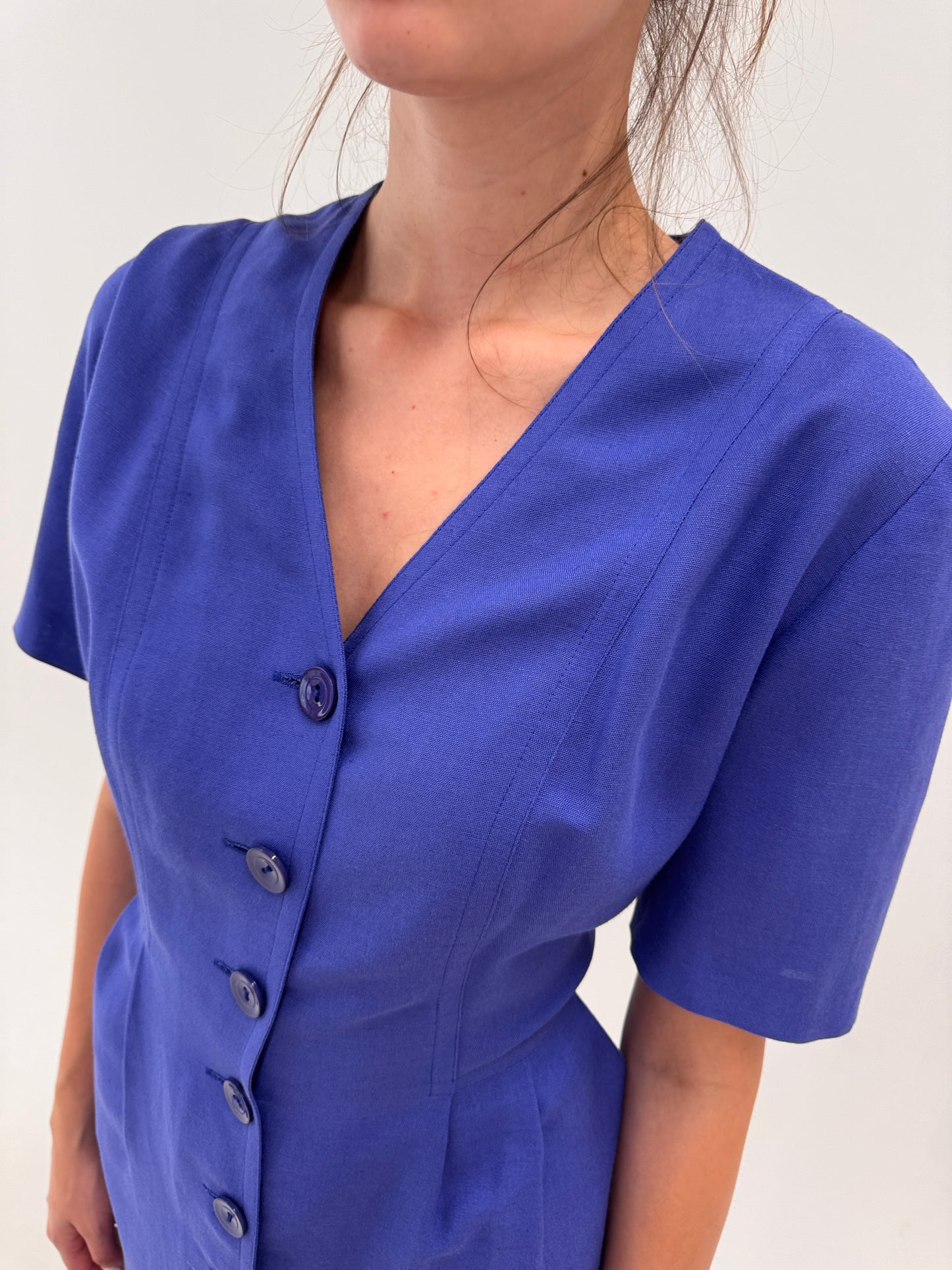 Rochie vintage iris blue cu talie marcată și buzunare din panzica