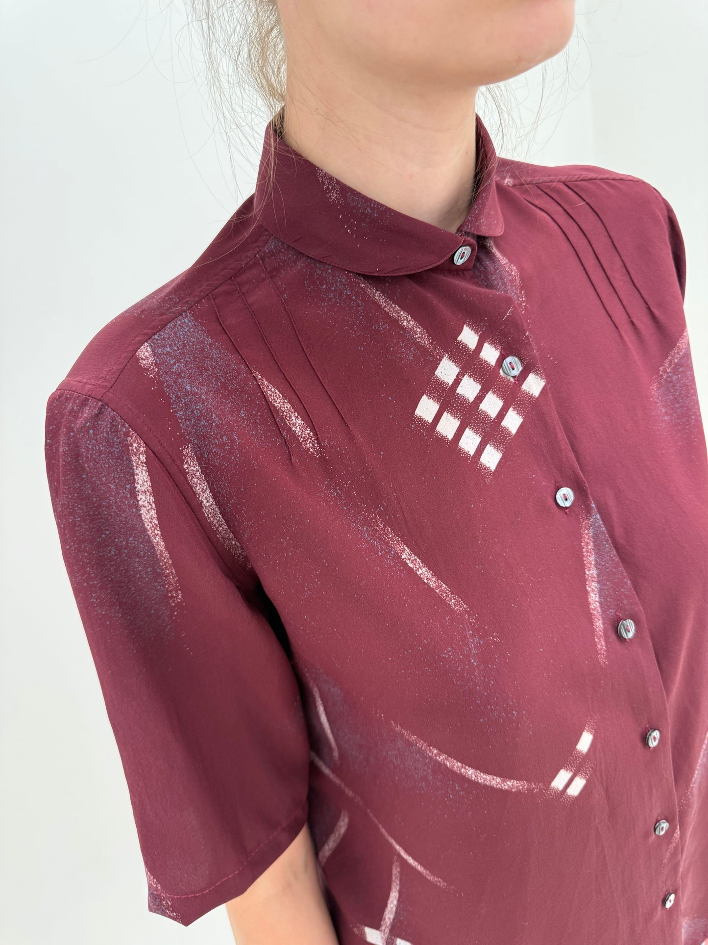 Cămașa vintage italiană din mătase naturală plum cu print geometric