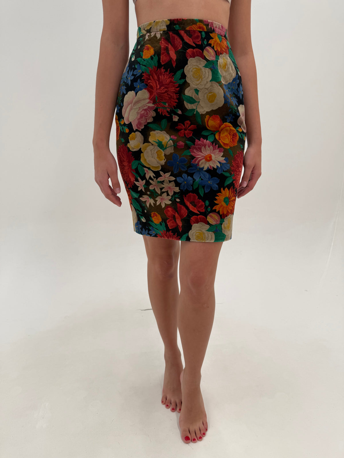 Fustă Valentino vintage creion din catifea de bumbac cu print floral superb