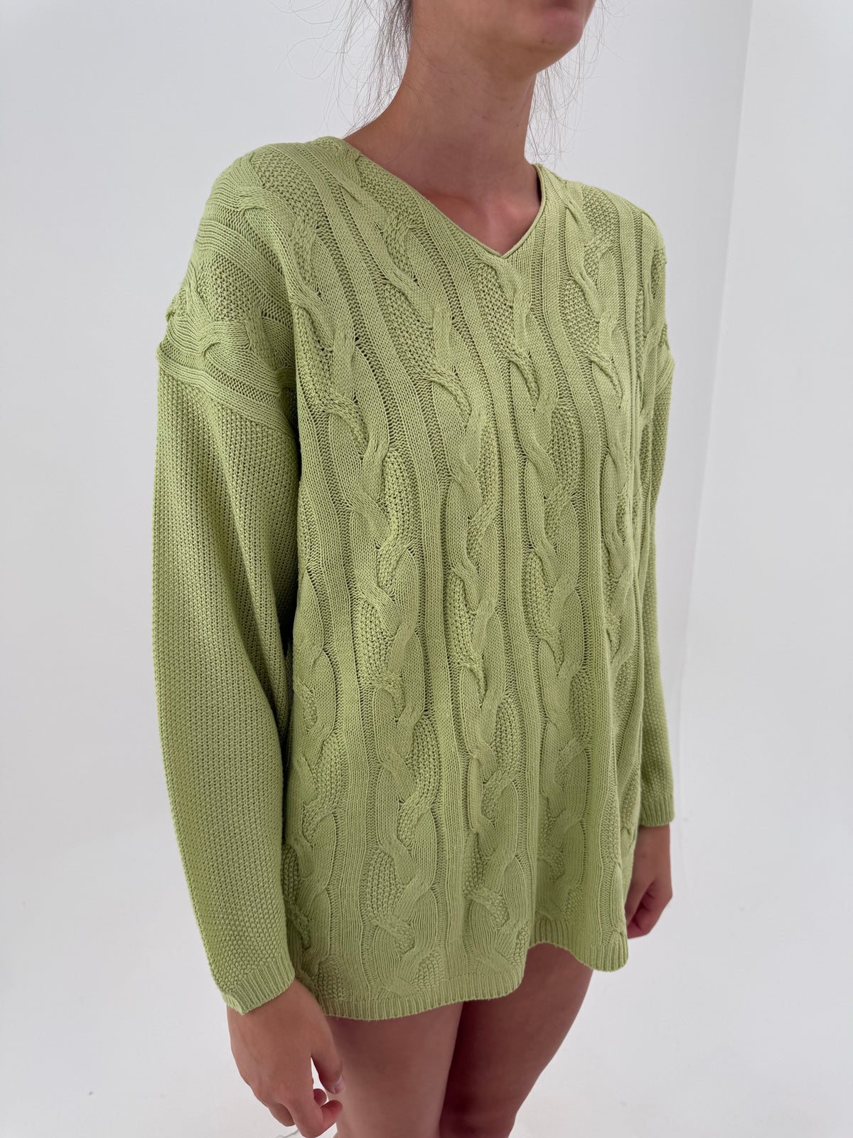 Pulover italian vintage pistachio green cu torsade din bumbac de gramaj mare