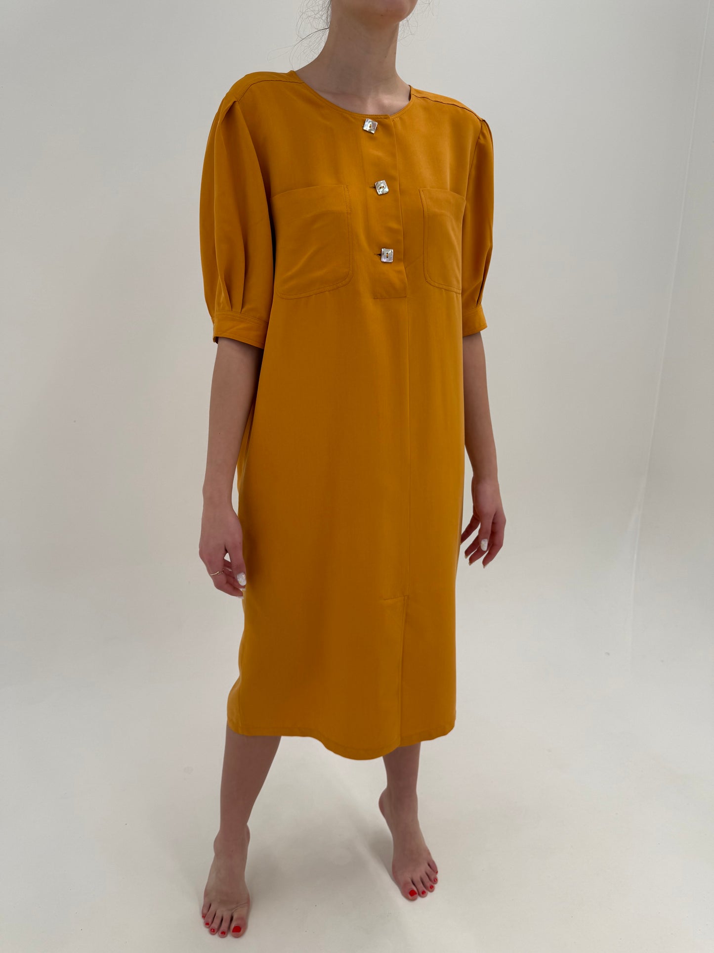 Rochie italiană saffron yellow din mătase naturală și vascoza