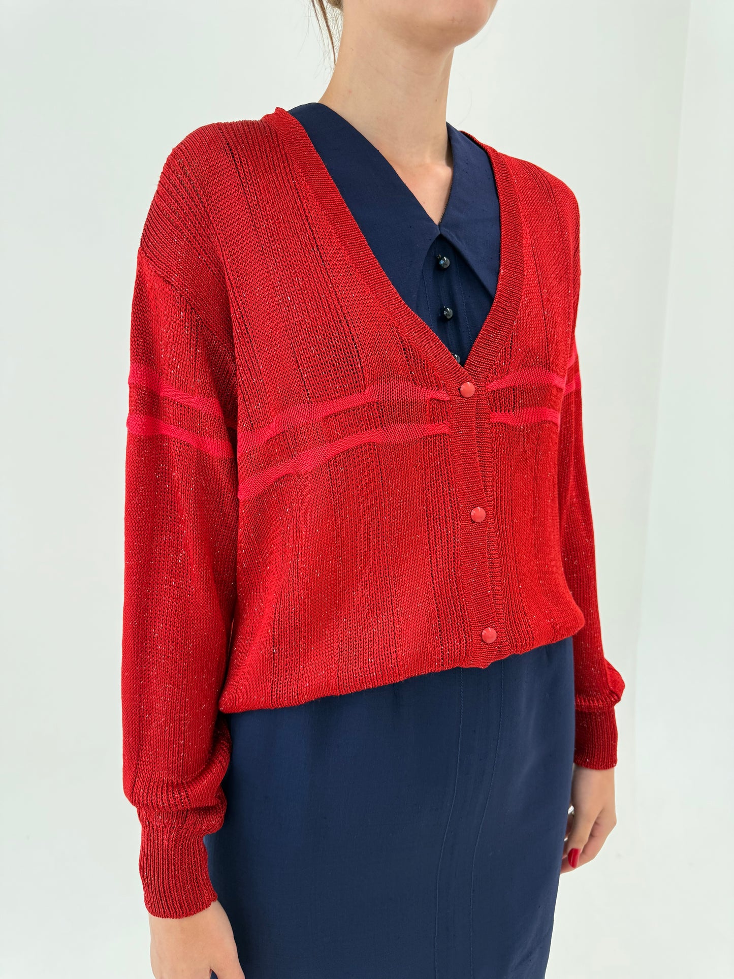 Cardigan vintage roșu superb brick din Vascoza satinata excepțională cu inserții fine aurii