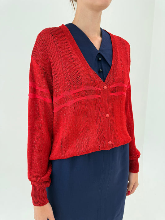 Cardigan vintage roșu superb brick din Vascoza satinata excepțională cu inserții fine aurii