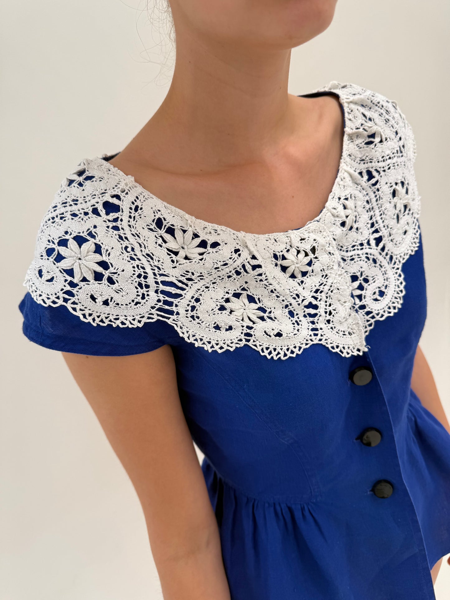 Top Max Mara indigo blue din in excepțional cu guler macrame lucrat manual