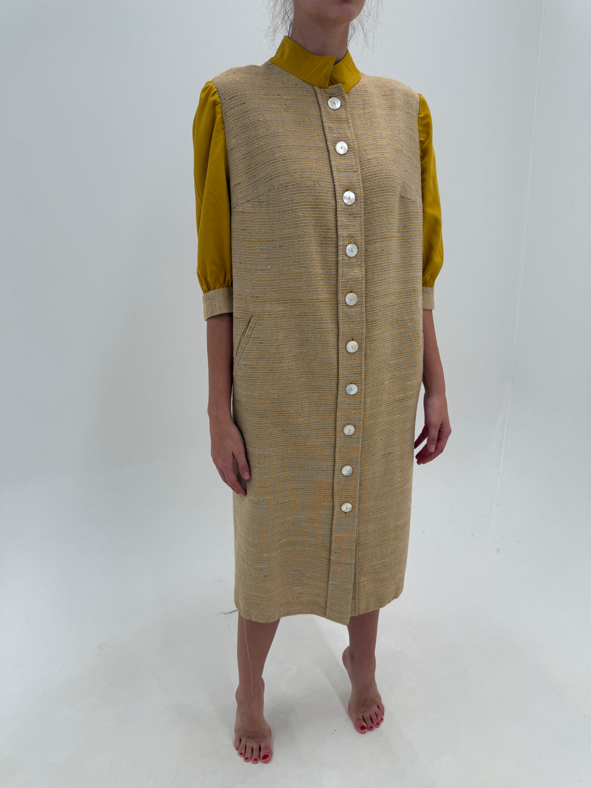 Rochie vintage din tweed camel de lana cu mâneci din bumbac și buzunare