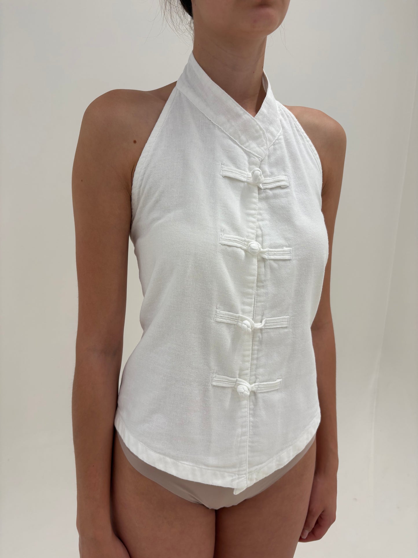 Corsaj halterneck vintage cu influențe asiatică din pânză cu spate elastic