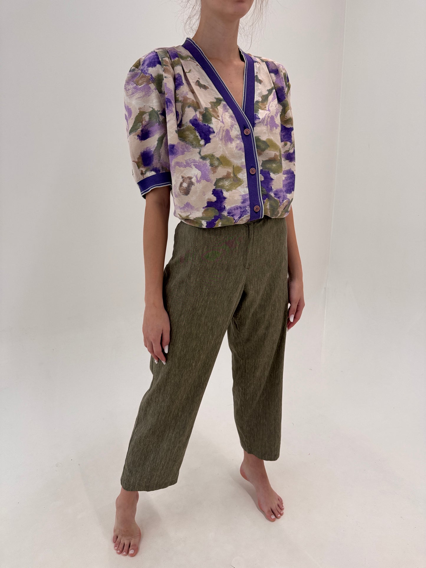 Pantaloni petite italienești din in melanj kaki și camel