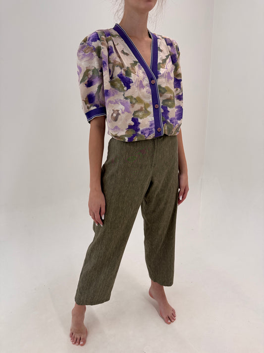 Pantaloni petite italienești din in melanj kaki și camel