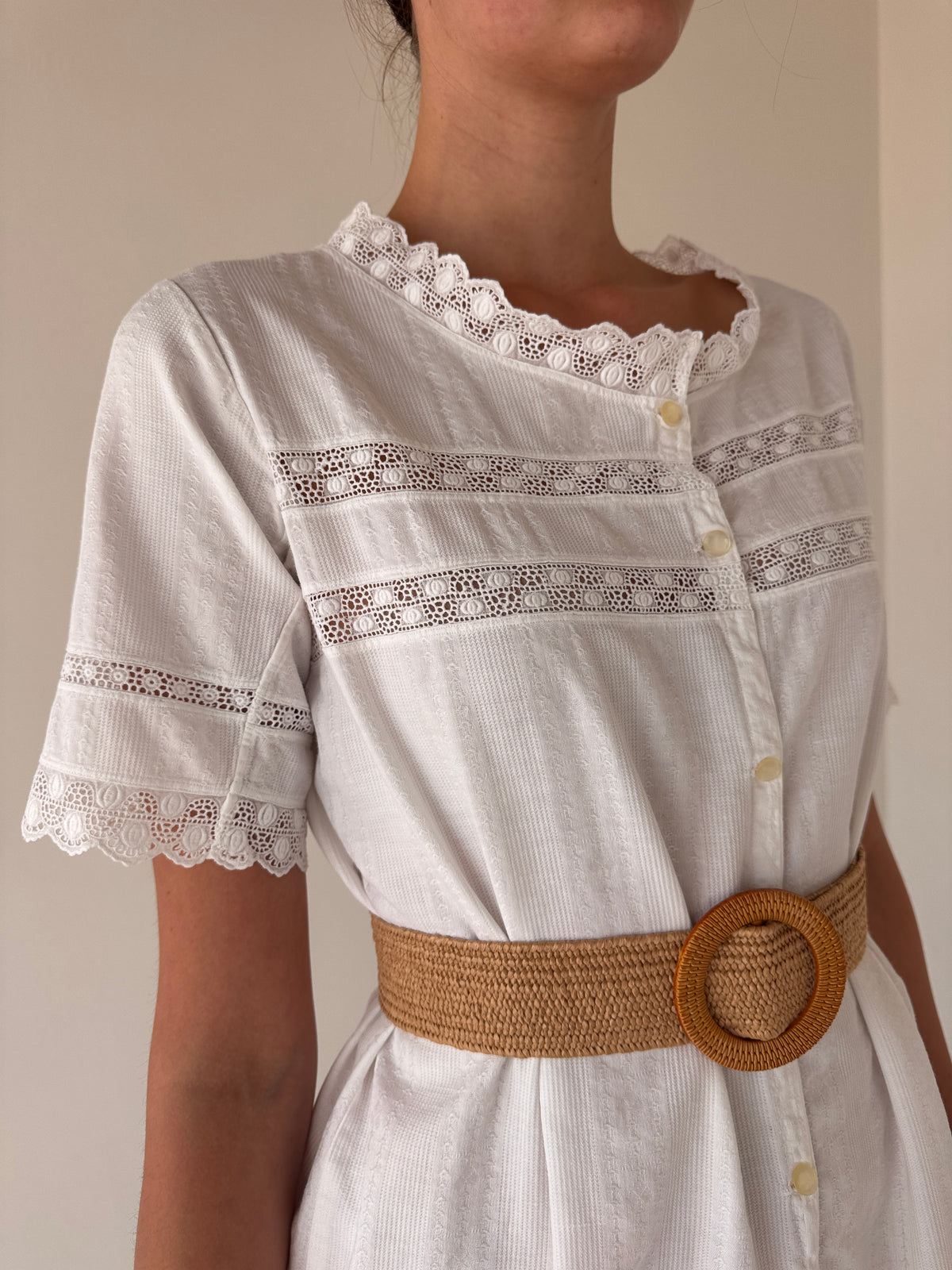 Rochie vintage din pânză excepțională de bumbac tip jacquard cu macrame