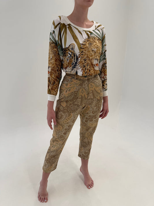 Pantaloni camel Etro petite cu print paisley specific brandului ultra confort modelatori