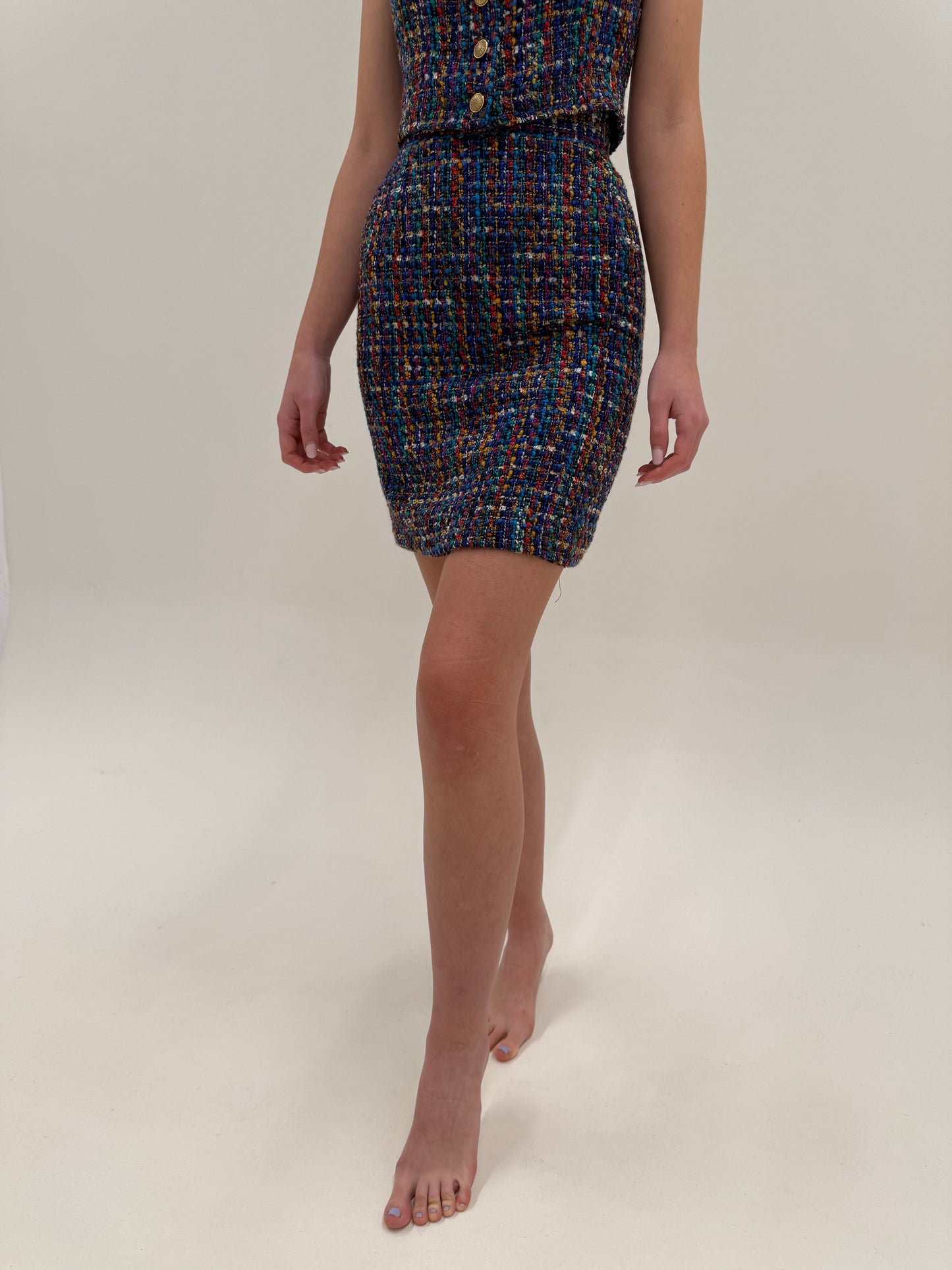 Set vintage in stil Chanel din 3 piese din tweed superb multicolor