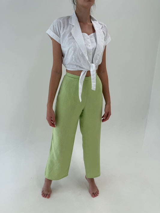 Pantaloni verde crud pudrat din in cu talie înaltă în croi drept