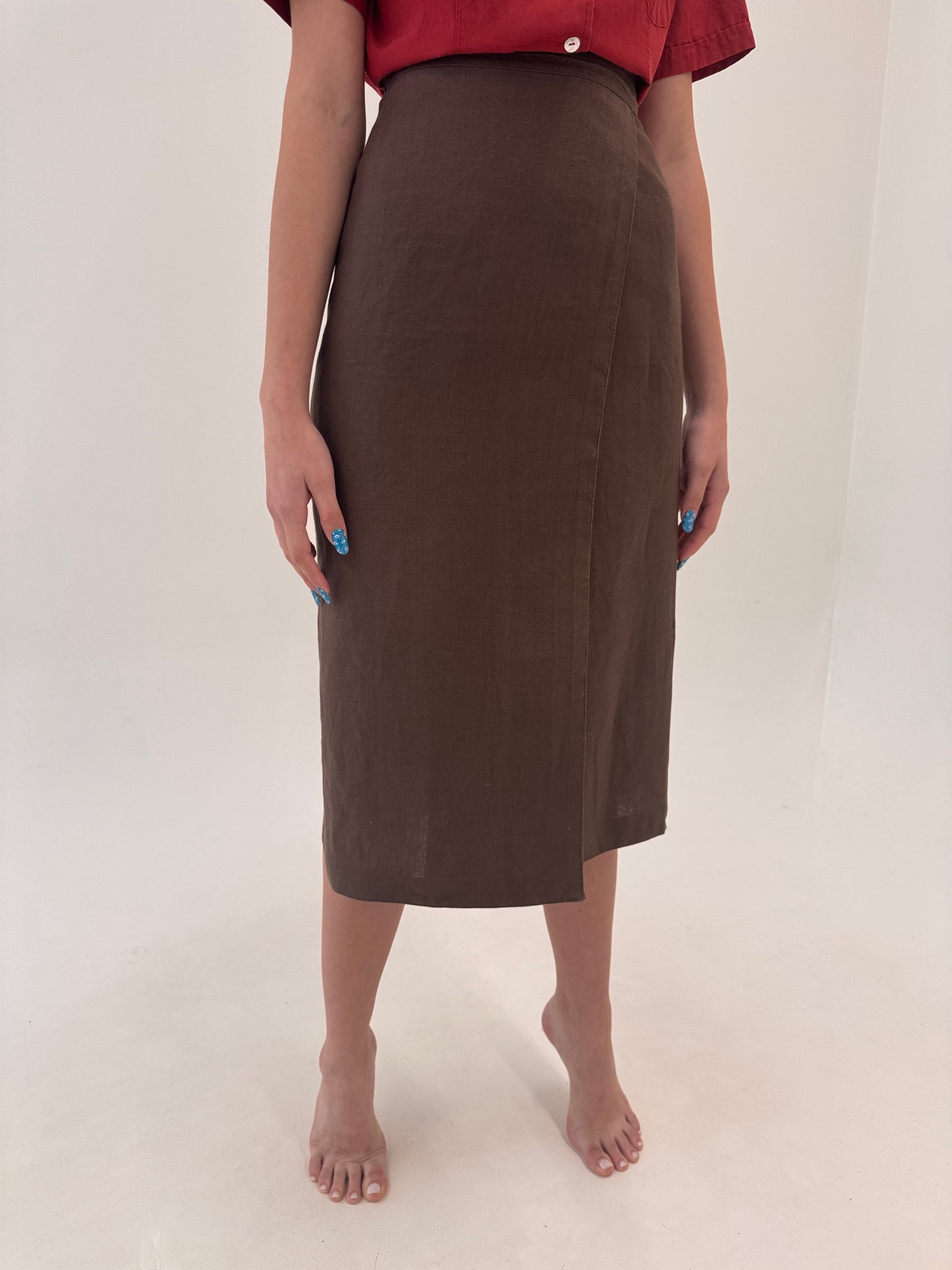 Fustă petrecută midi spre maxi din in premium chocolate brown