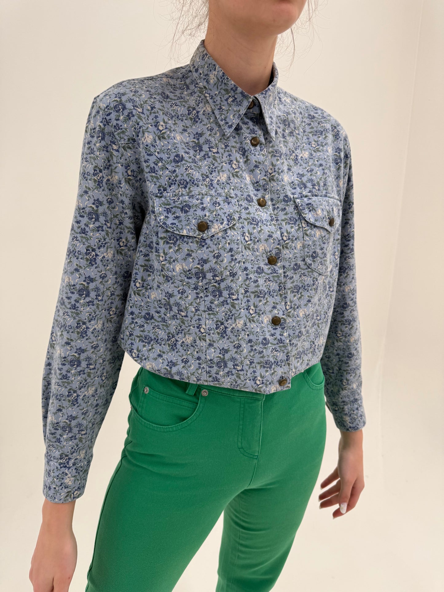 Cămașa vintage luxury Cacharel baby blue din bumbac cu print floral