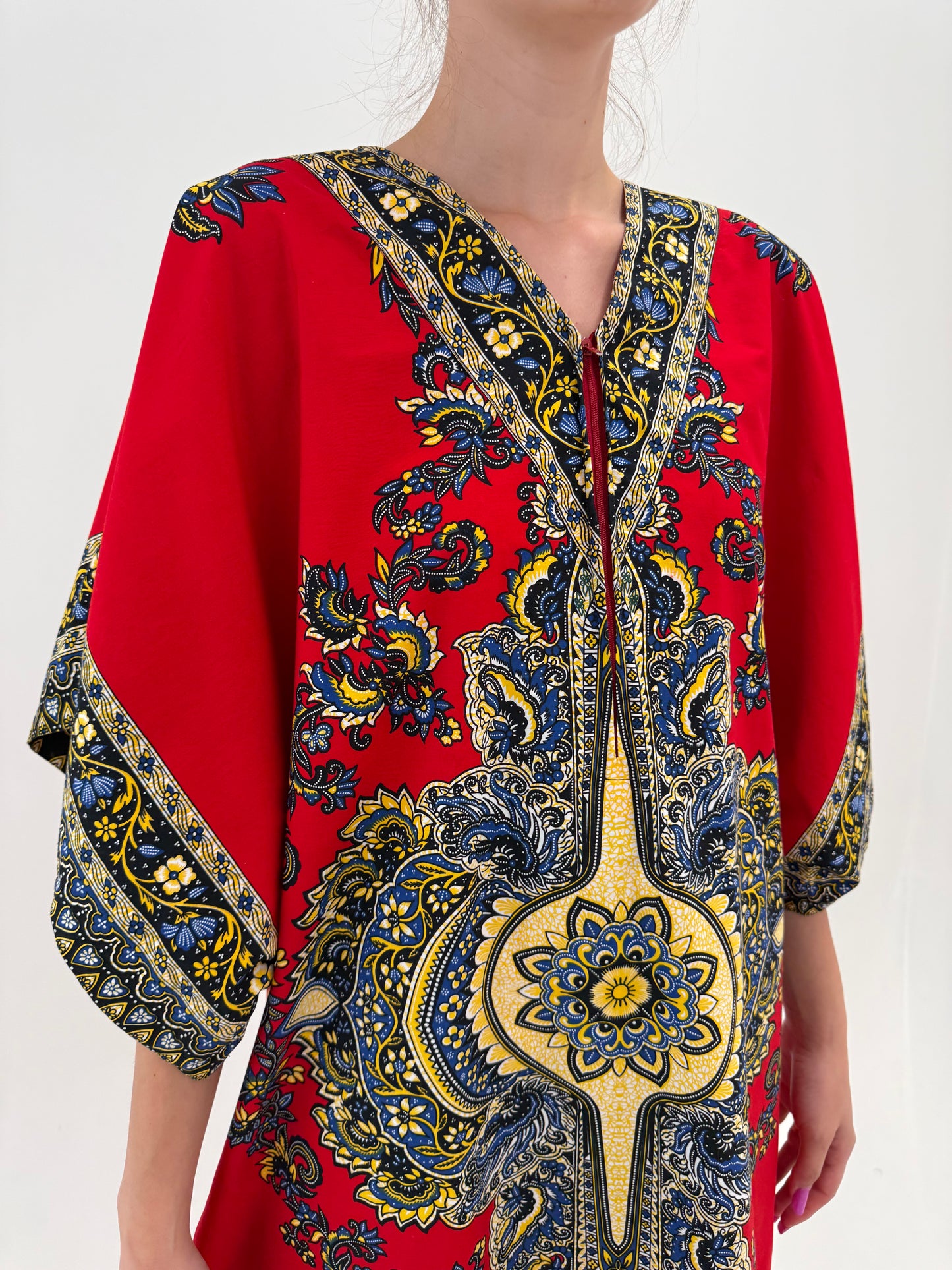 Kaftan maxi din canvas de bumbac cu print manual în culori tari