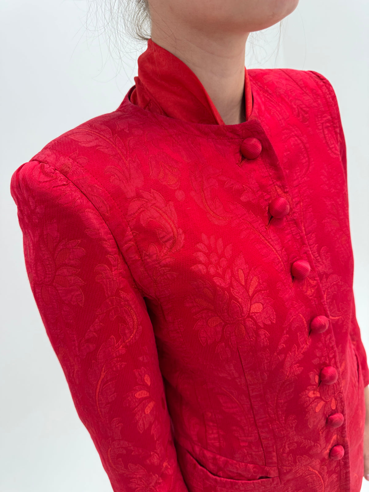 Costum vintage de brand super premium Rena Lange din brocart de mătase naturală