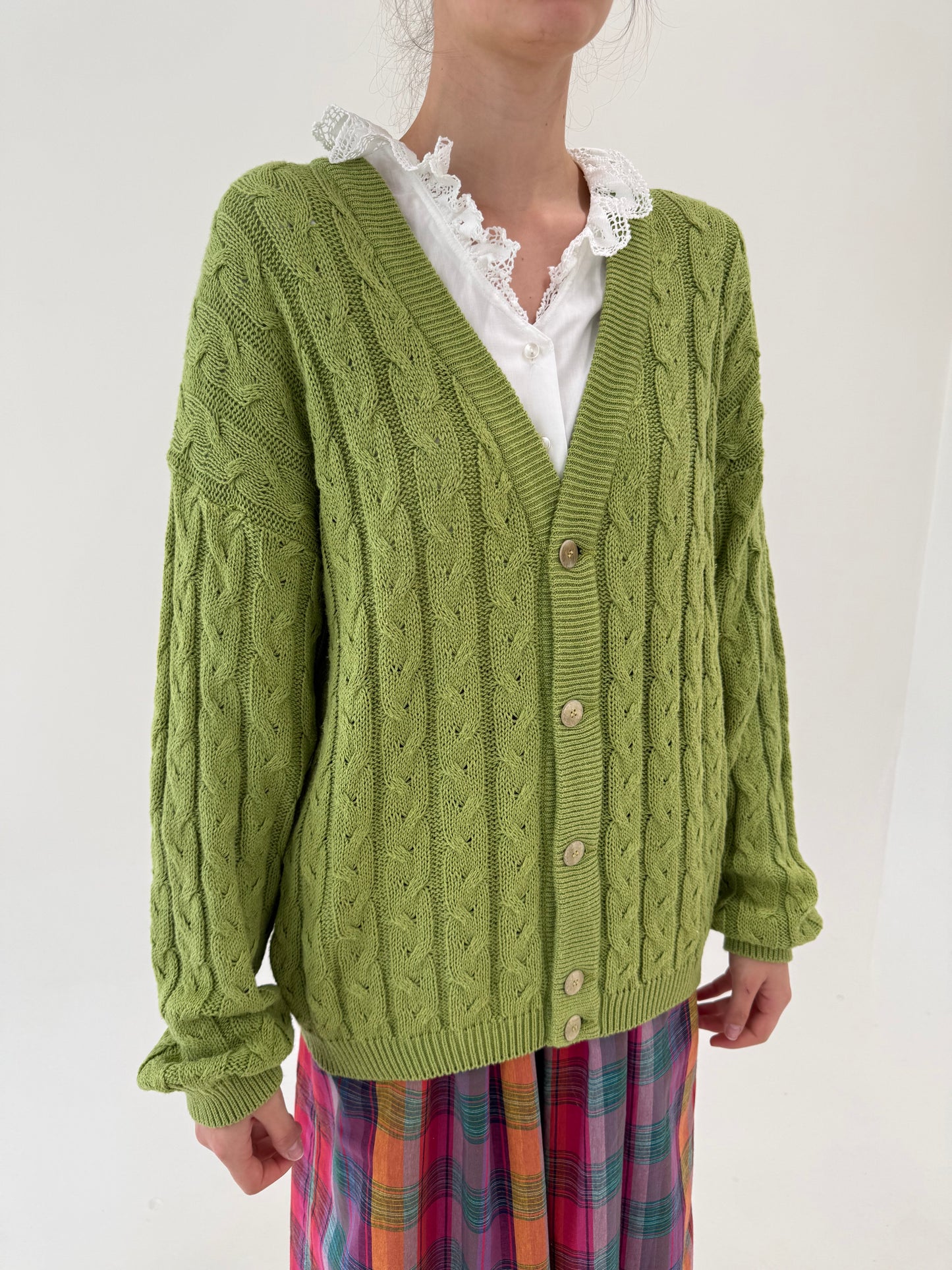 Cardigan verde crud tall din bumbac excepțional cu torsade