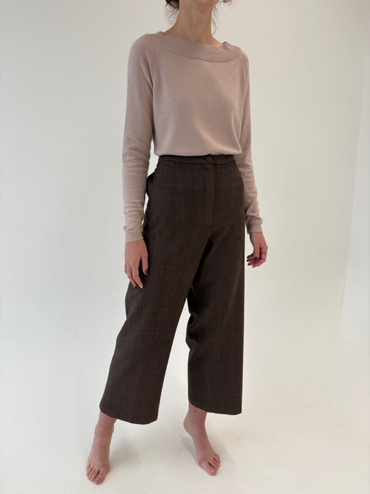 Pantaloni chocolate brown din lana extrafina cu talie înaltă