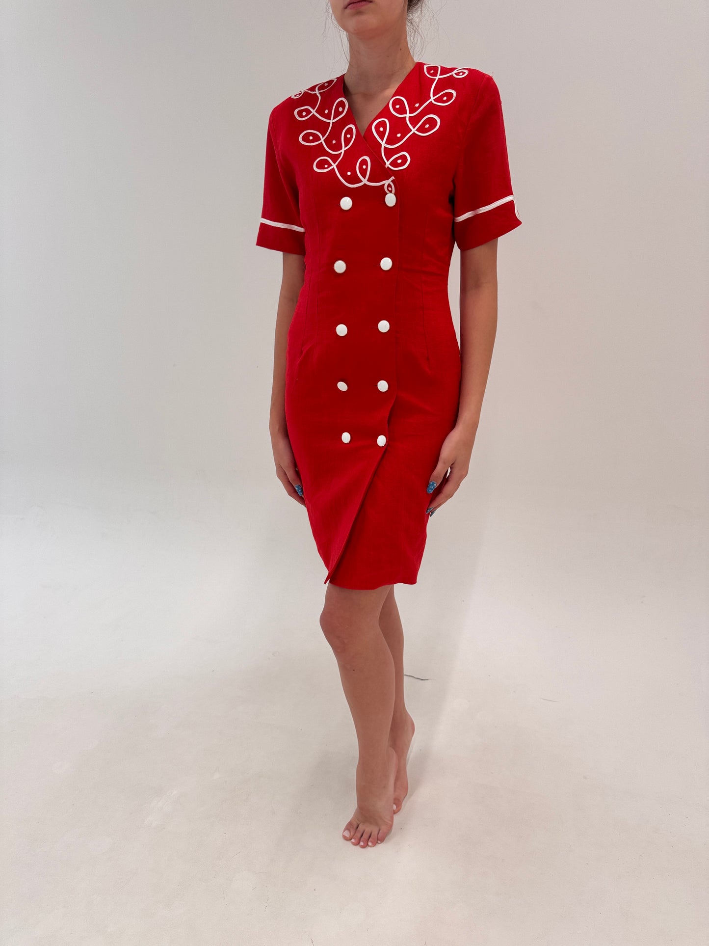 Rochie premium italiană din pânză de in cu aplicații manuale cherry red
