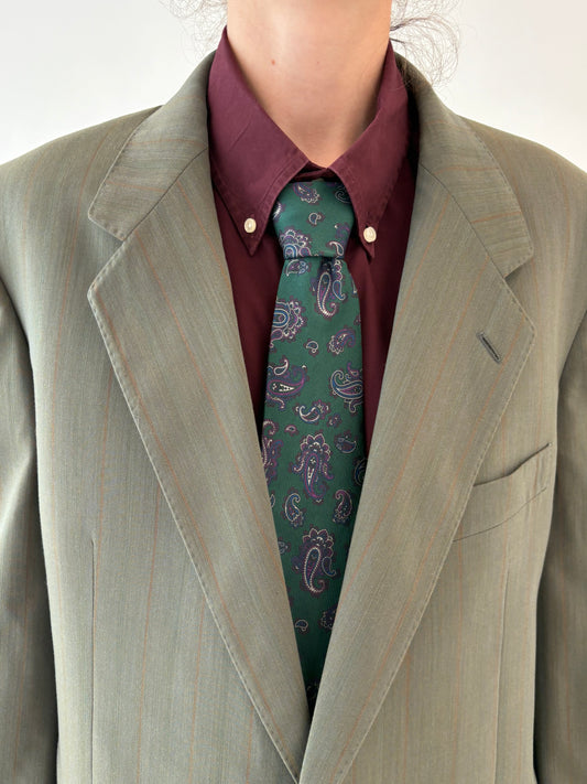 Cravata verde cu print paisley italiană ușor mai slim din mătase naturală