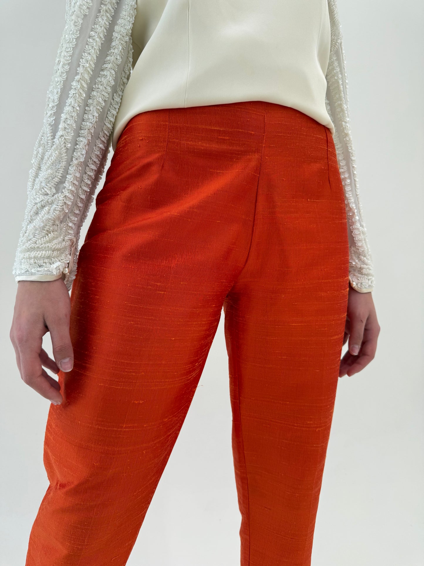 Pantaloni din mătase naturală dupioni în culoare superbă cu talie ultra înaltă