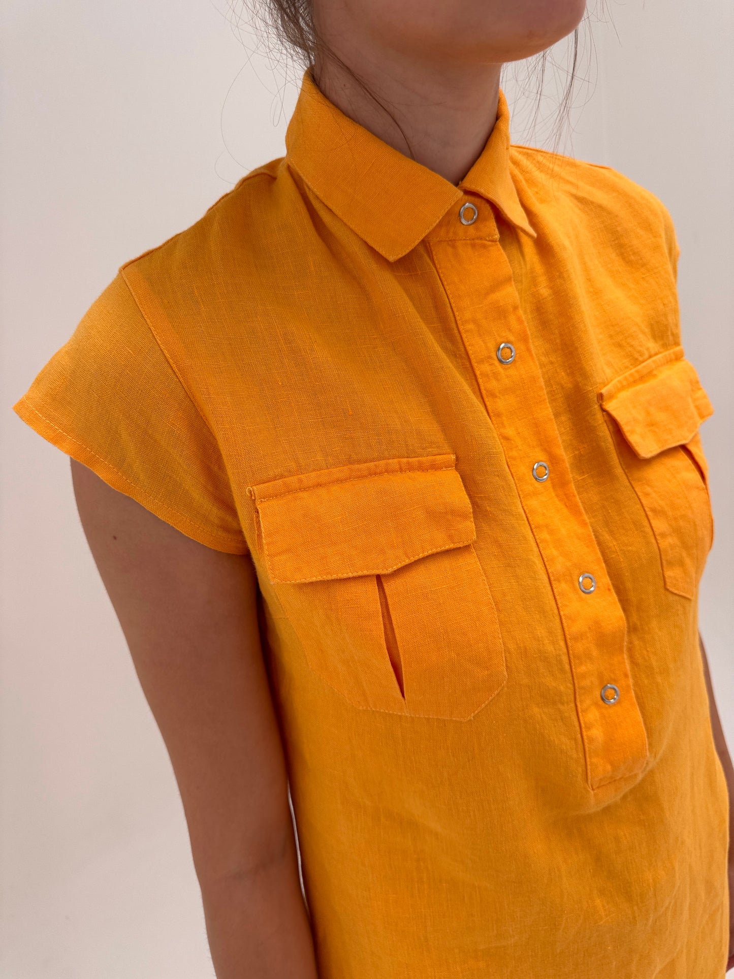 Rochie oranj in stil Safari din pânză premium de in în croi lejer