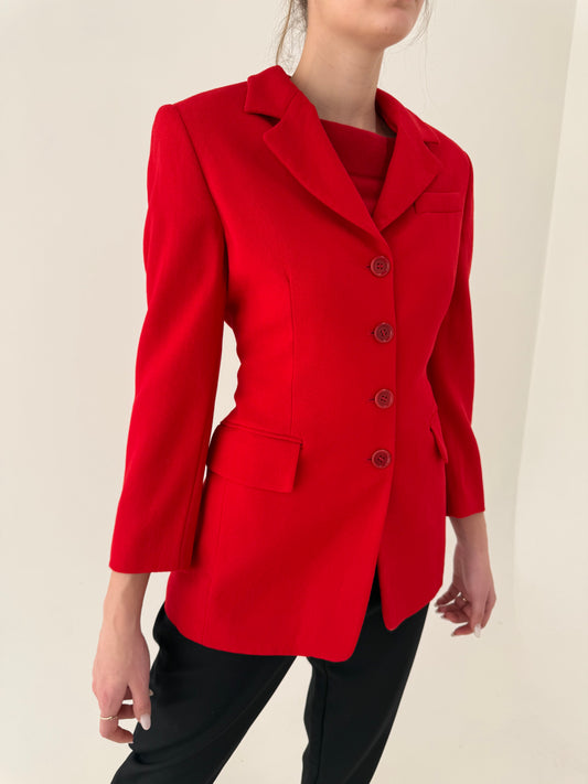 Sacou cambrat cherry red în croi lung din lana extrafina pura certificată