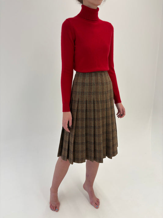 Fustă vintage plisată dark camel în carouri burgundy din lana groasă