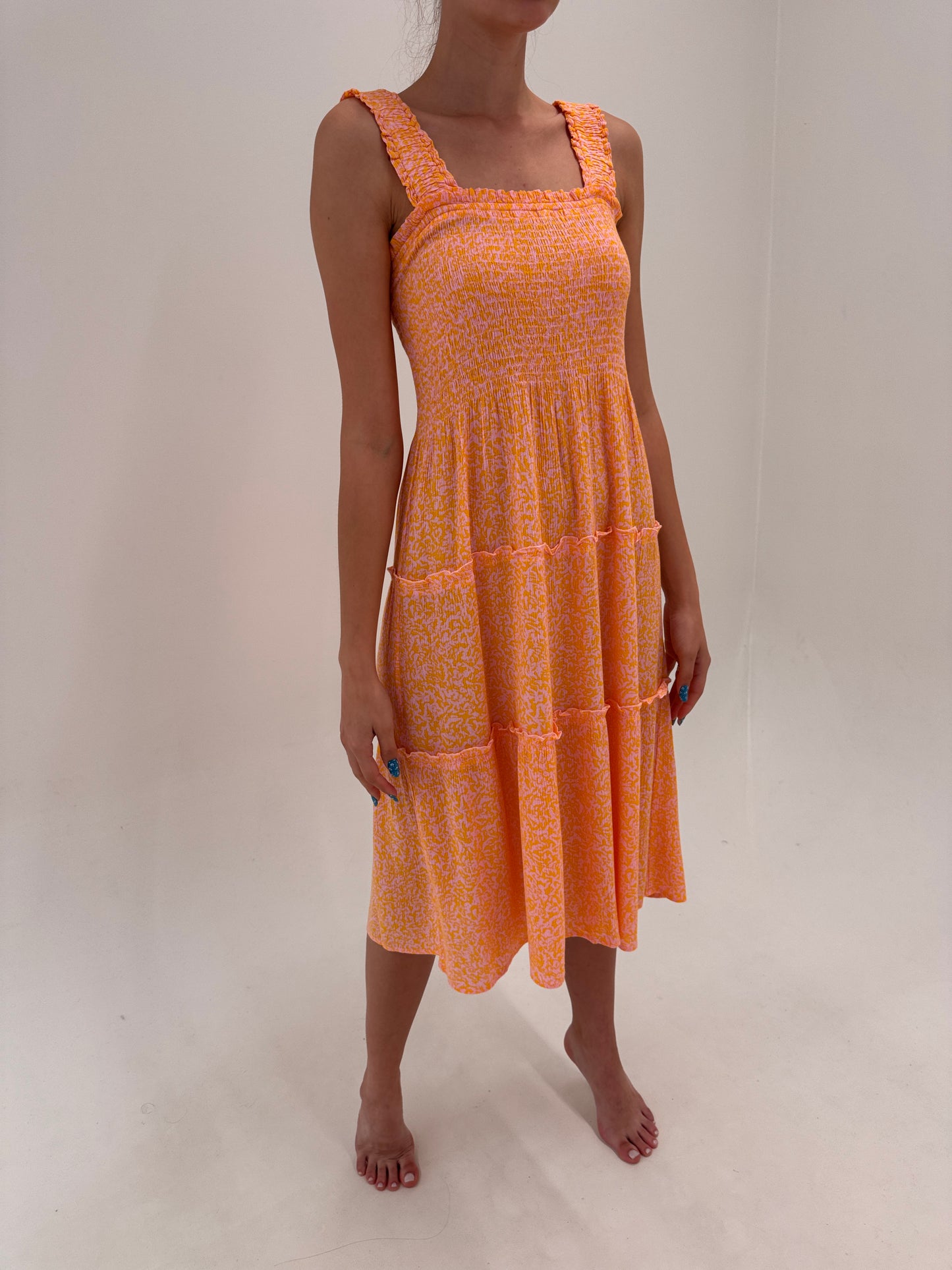 Rochie midi lung cu bustier smock în stil corsaj ultra confort roz cu oranj