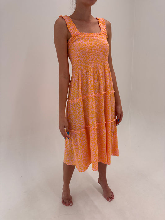 Rochie midi lung cu bustier smock în stil corsaj ultra confort roz cu oranj