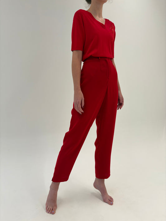 Pantaloni cherry red cu talie ultra înaltă marcată elastică tall