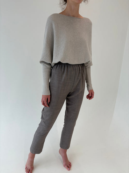 Pantaloni warm gray cu talie ultra înaltă elastică din stofita