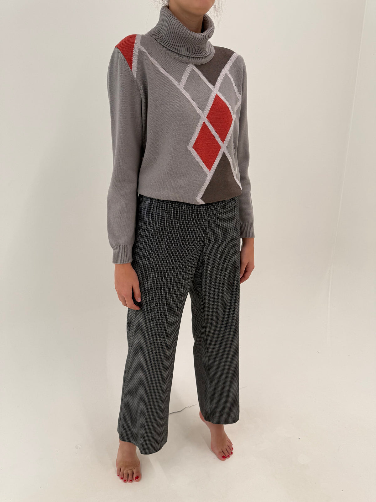 Pantaloni Trussardi whide leg din stofă ultra confort în carouri fine