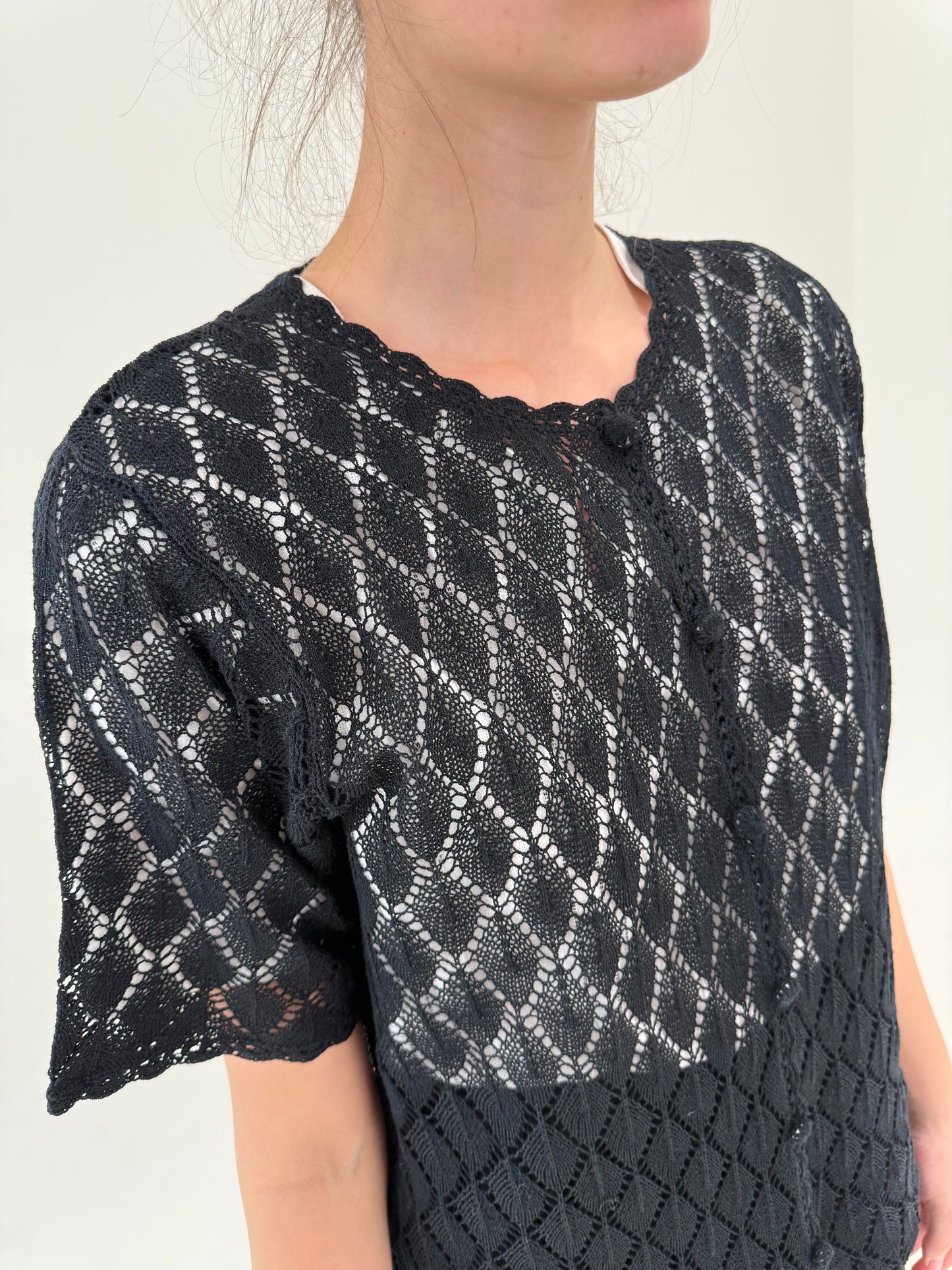 Top din bumbac macrame negru dantelat excepțional