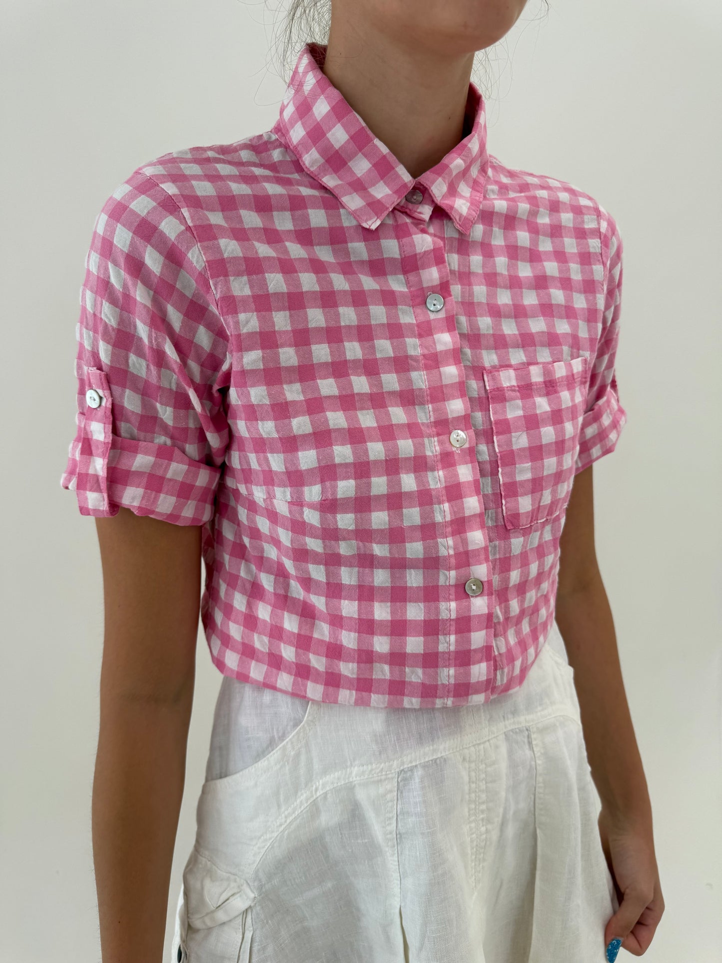 Cămașa gingham barbie Pink din pânză de bumbac cu maneci ușor reglabile