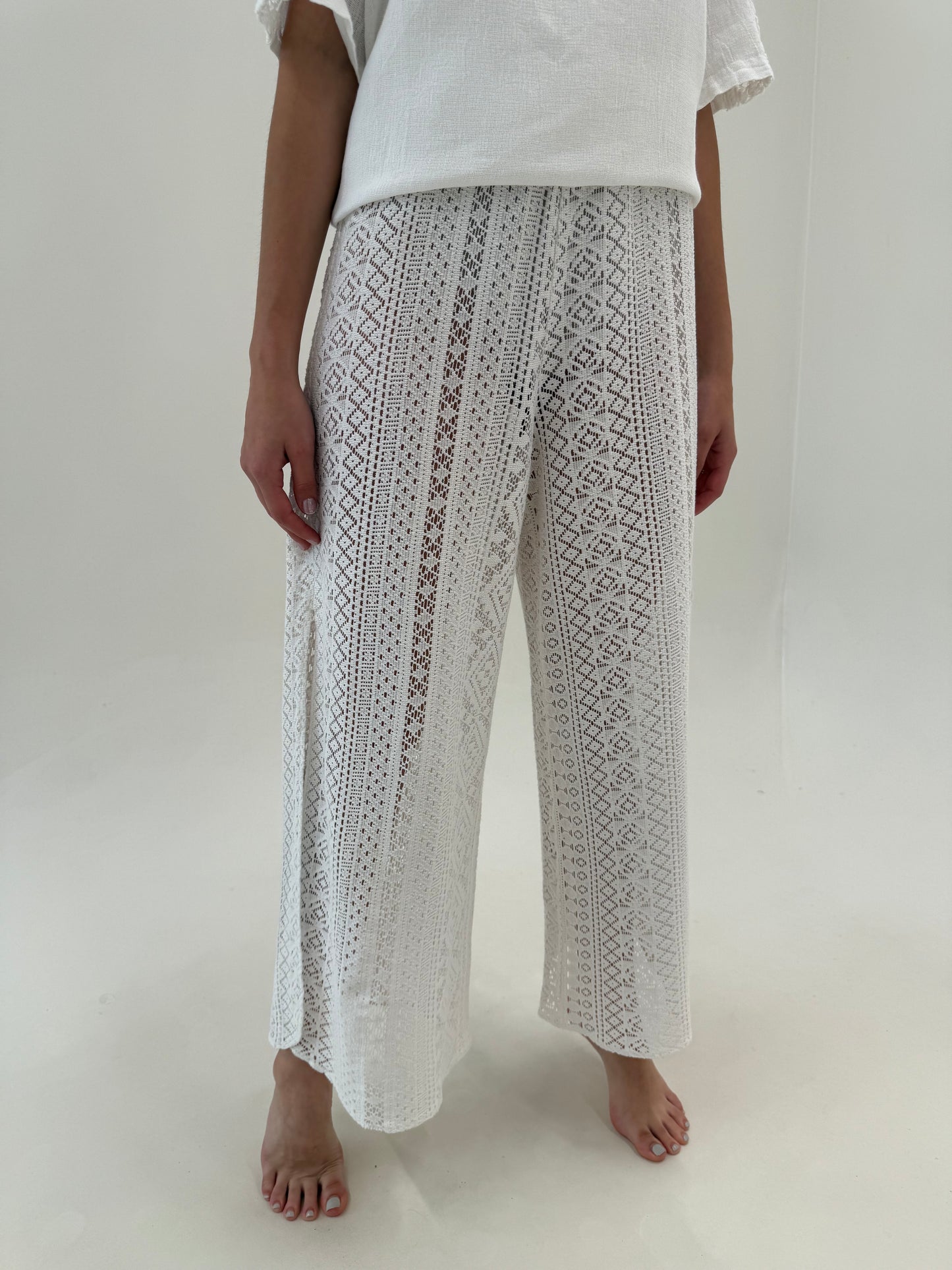 Pantaloni palazzo din macrame subțirel de bumbac cu talie ultra înaltă