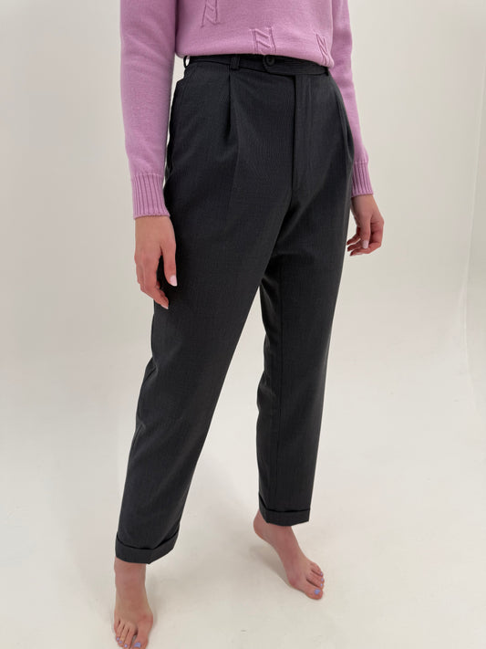 Pantaloni steel gray cu pense tall din lana extrafina