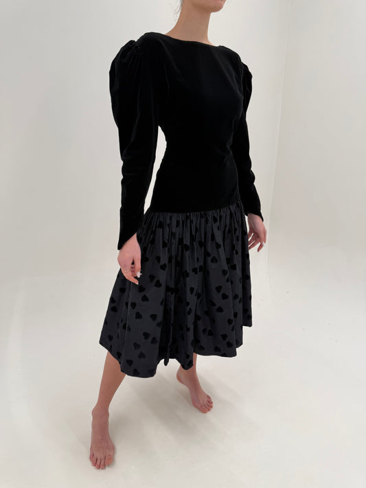 LBD vintage din catifea cu spate gol și tafta cu buline din mătase naturală