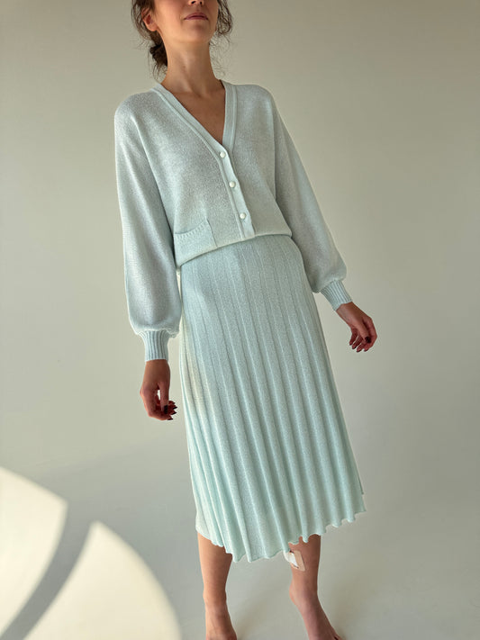 Set vintage mint green din jerse cu fustă plisată