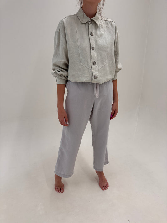 Pantaloni silver gray cu talie generoasă din in premium