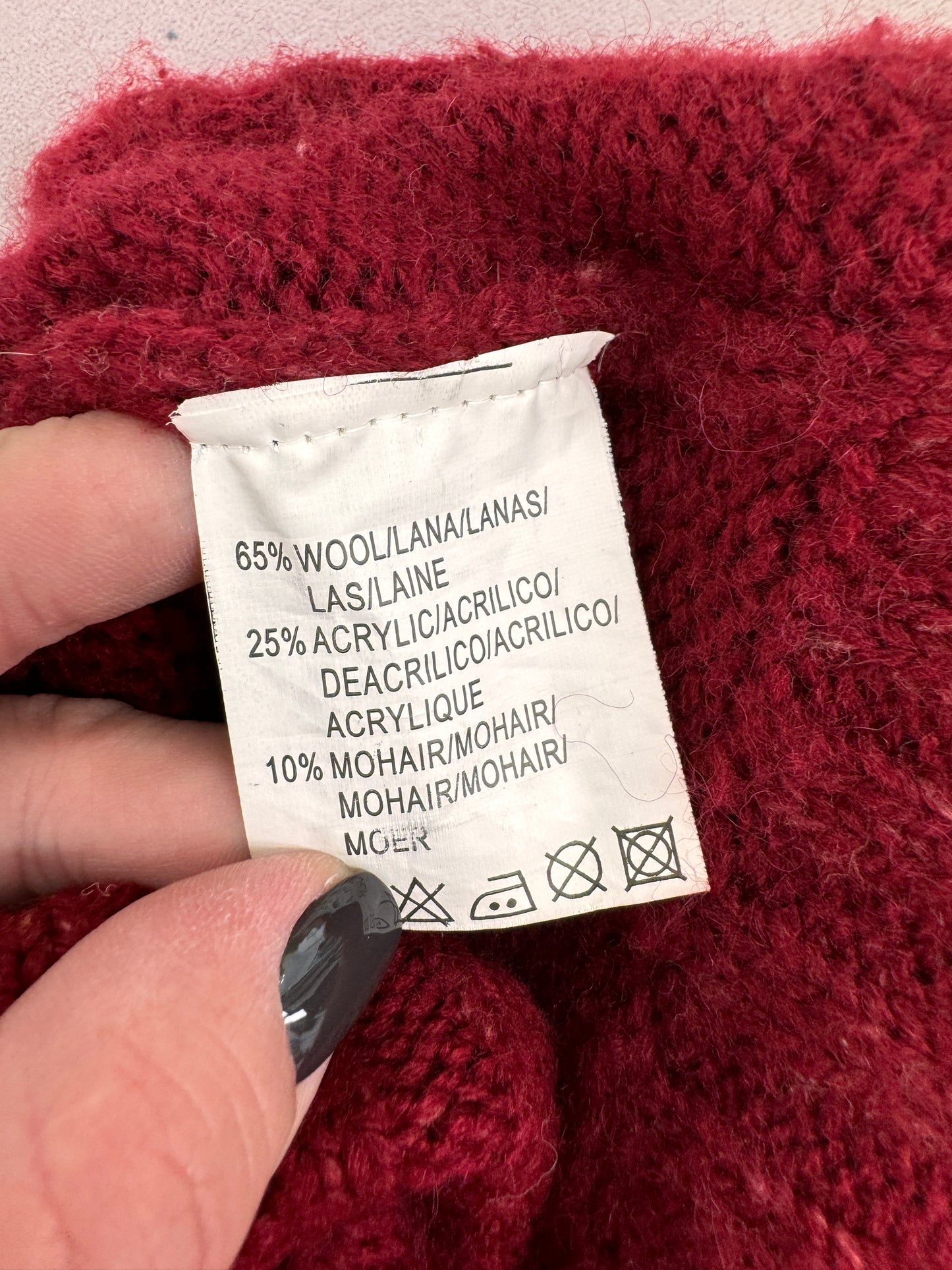 Cardigan lung burgundy cu pene naturale din lana și mohair