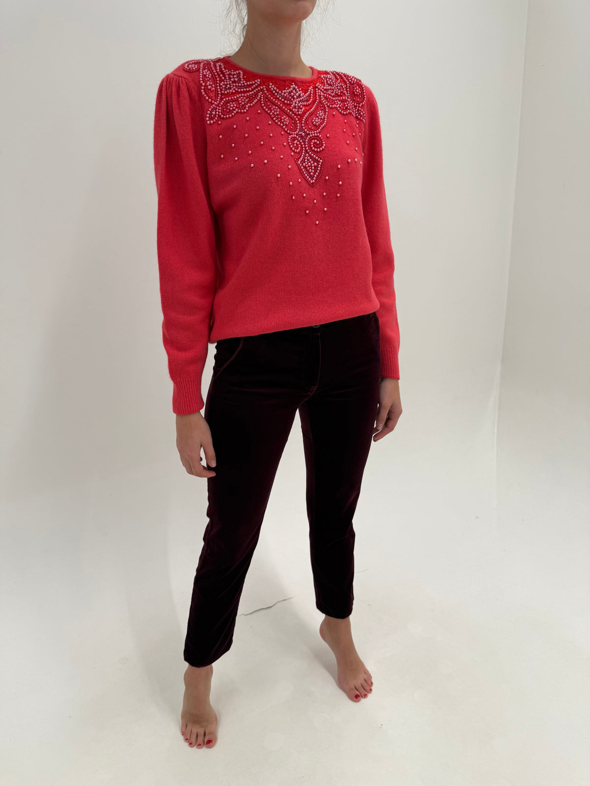 Pantaloni burgundy Luisa Spagnoli din catifea ultra confort petite