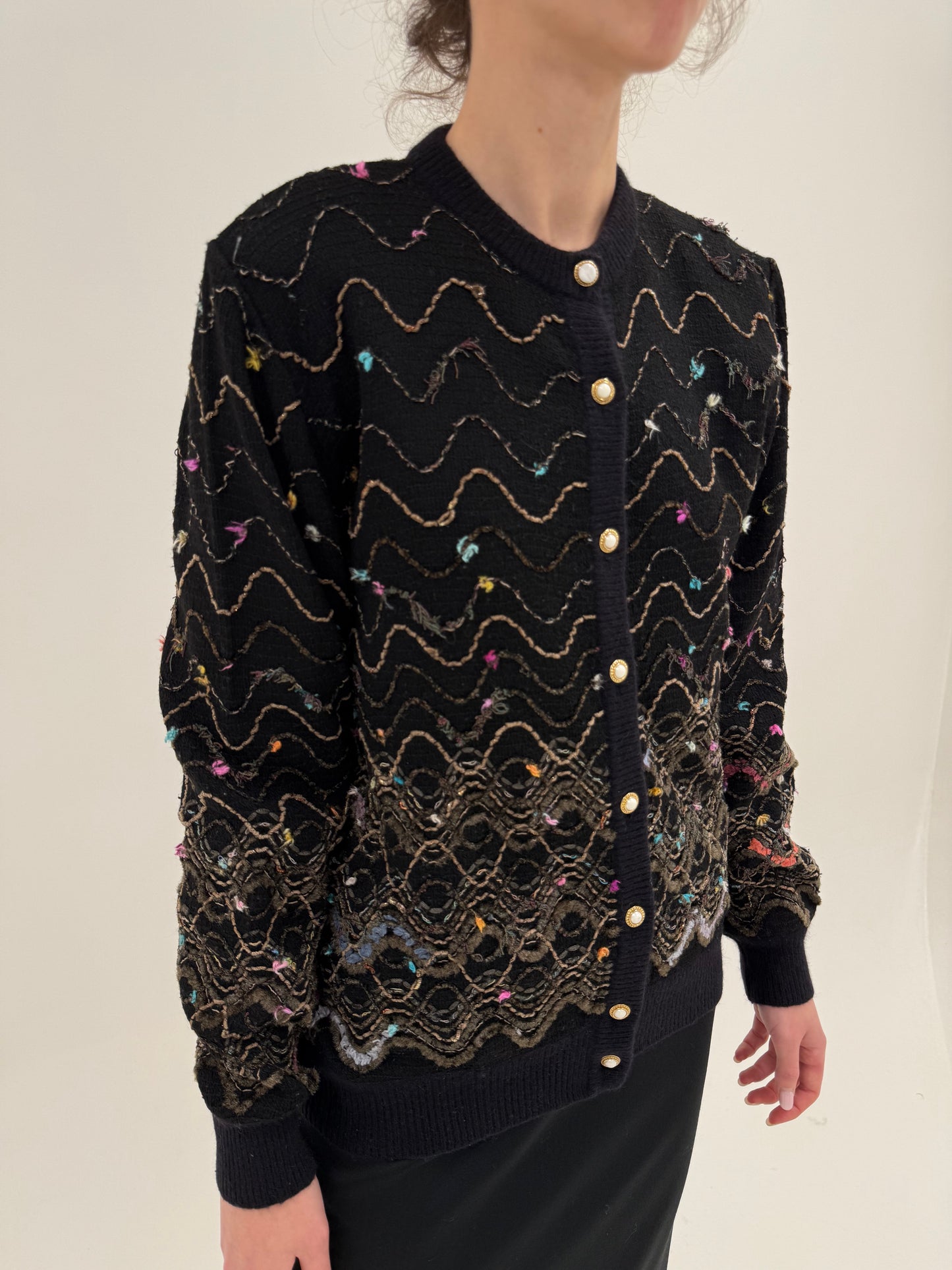 Cardigan vintage negru italian cu inserții superbe curcubeu